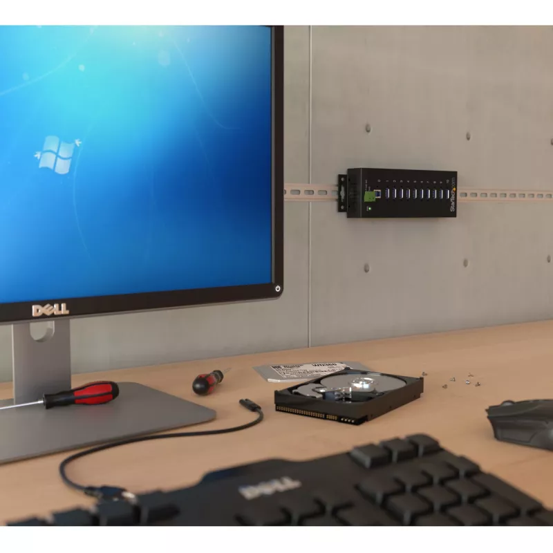 StarTech.com 10-Port industrieller USB 3.0 Hub – ESD- und Überspannungsschutz~10-Port USB 3.0 Hub – 5 Gbit/s – Industrieller Metall-USB-A-Hub mit ESD- und Überspannungsschutz – DIN-Schienen-, Wand- oder Tischmontage – TAA-konformer USB-Erweiterungshub