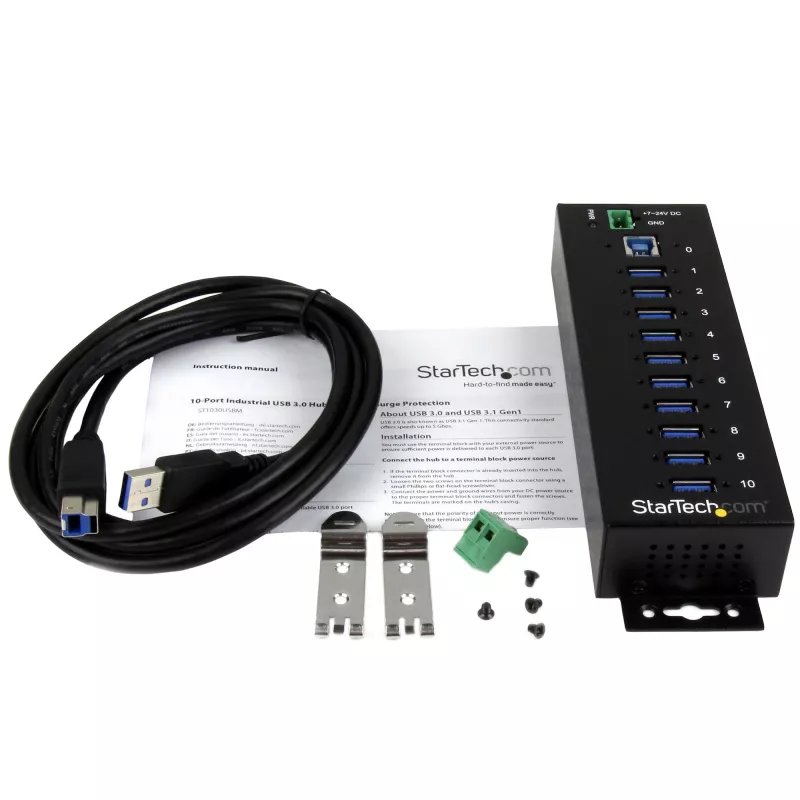 StarTech.com 10-Port industrieller USB 3.0 Hub – ESD- und Überspannungsschutz~10-Port USB 3.0 Hub – 5 Gbit/s – Industrieller Metall-USB-A-Hub mit ESD- und Überspannungsschutz – DIN-Schienen-, Wand- oder Tischmontage – TAA-konformer USB-Erweiterungshub