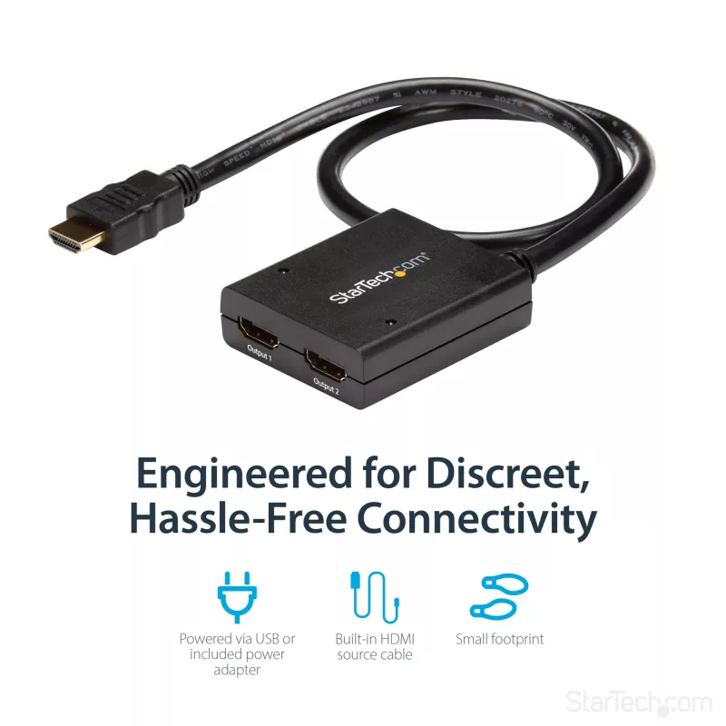 StarTech.com 4K HDMI 2-Port Video Splitter – 1x2 HDMI Splitter – Stromversorgung über USB oder Netzteil – 4K 30Hz