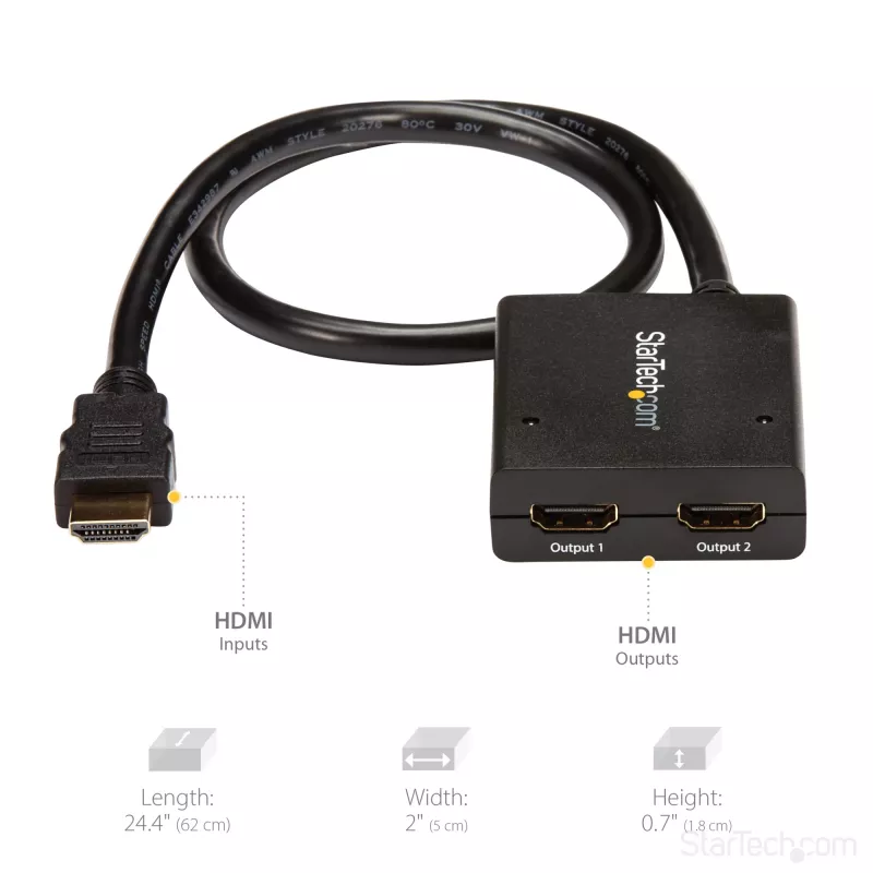 StarTech.com 4K HDMI 2-Port Video Splitter – 1x2 HDMI Splitter – Stromversorgung über USB oder Netzteil – 4K 30Hz
