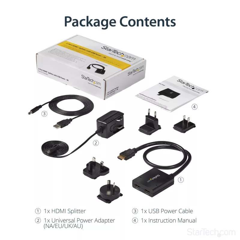 StarTech.com 4K HDMI 2-Port Video Splitter – 1x2 HDMI Splitter – Stromversorgung über USB oder Netzteil – 4K 30Hz