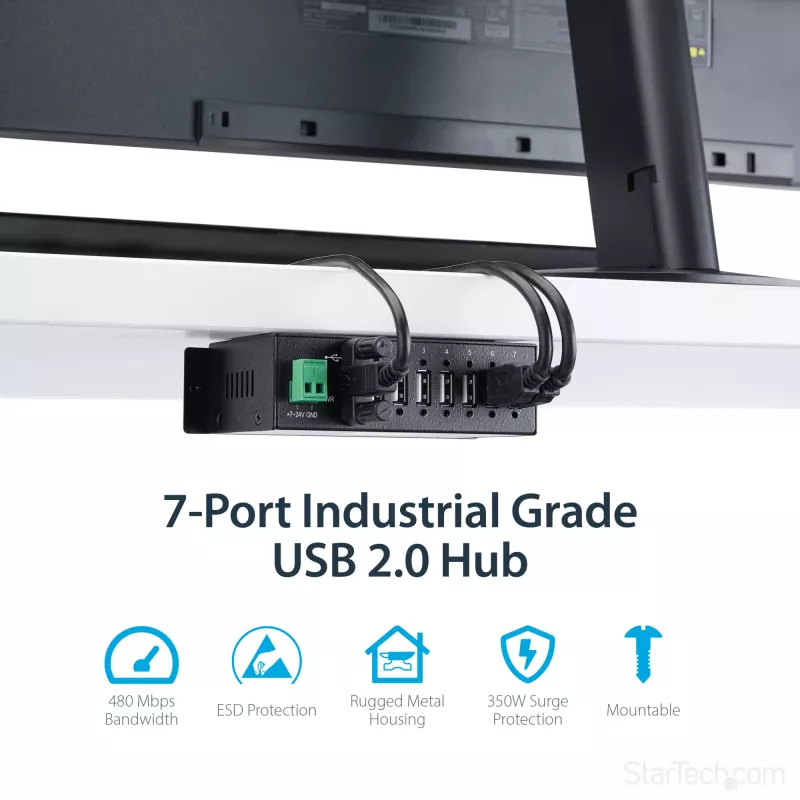 StarTech.com 7-Port USB 2.0 Hub – Industrial USB-A-Hub aus Metall mit ESD-Schutz und 350W Überspannungsschutz – Hutschienen-, Wand- oder Tischmontage möglich – TAA-konformer USB-Expander-Hub