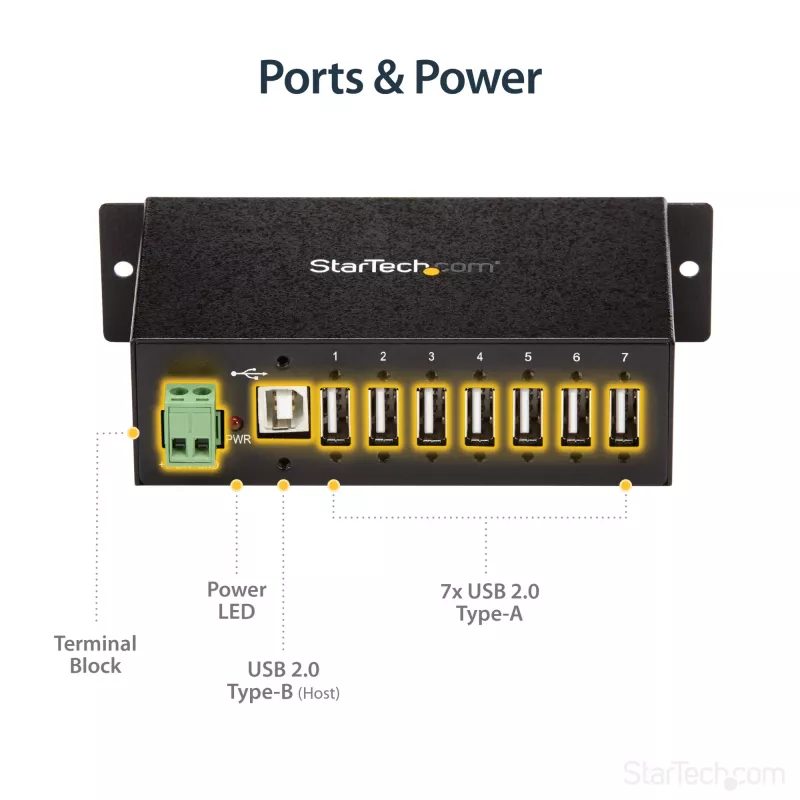 StarTech.com 7-Port USB 2.0 Hub – Industrial USB-A-Hub aus Metall mit ESD-Schutz und 350W Überspannungsschutz – Hutschienen-, Wand- oder Tischmontage möglich – TAA-konformer USB-Expander-Hub