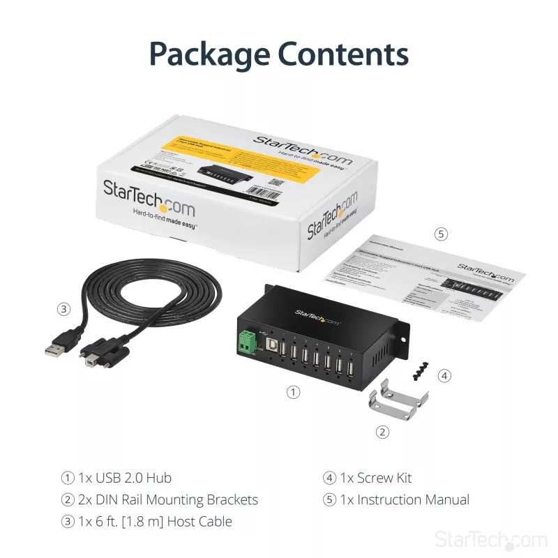 StarTech.com 7-Port USB 2.0 Hub – Industrial USB-A-Hub aus Metall mit ESD-Schutz und 350W Überspannungsschutz – Hutschienen-, Wand- oder Tischmontage möglich – TAA-konformer USB-Expander-Hub