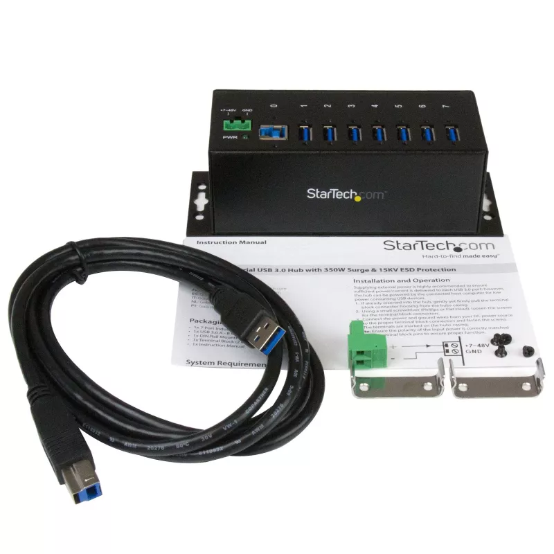 StarTech.com 7-Port Industrial USB 3.0 Hub mit ESD-Schutz~7-Port USB 3.0 Hub (5Gbps) - Industrieller USB-A-Hub aus Metall mit ESD-Schutz und 350W Überspannungsschutz - Hutschienen-, Wand- oder Tischmontage - TAA-konformer USB-Expander-Hub