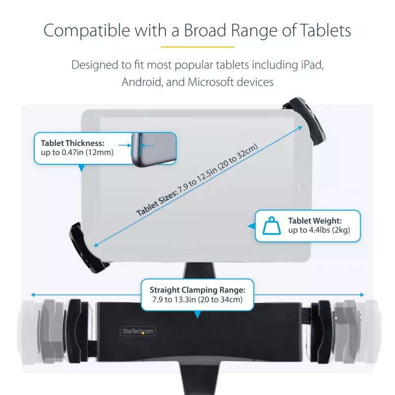 StarTech.com VESA-Montageadapter für Tablets 7,9 bis 12,5 Zoll – bis zu 2 kg – 75x75/100x100 VESA-Muster – universelle diebstahlsichere Tablet-VESA-Klemmhalterung – sichere Tablet-Halterung – Schwarz