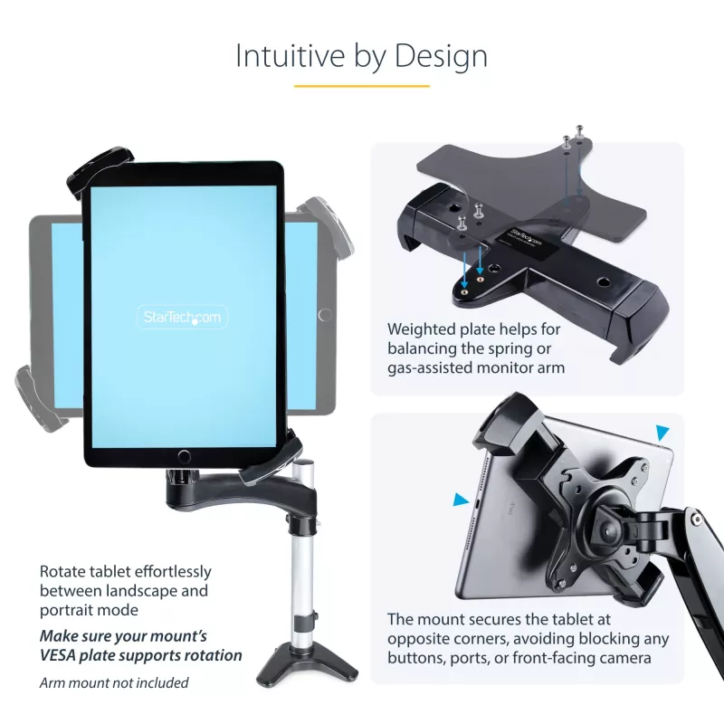 StarTech.com VESA-Montageadapter für Tablets 7,9 bis 12,5 Zoll – bis zu 2 kg – 75x75/100x100 VESA-Muster – universelle diebstahlsichere Tablet-VESA-Klemmhalterung – sichere Tablet-Halterung – Schwarz