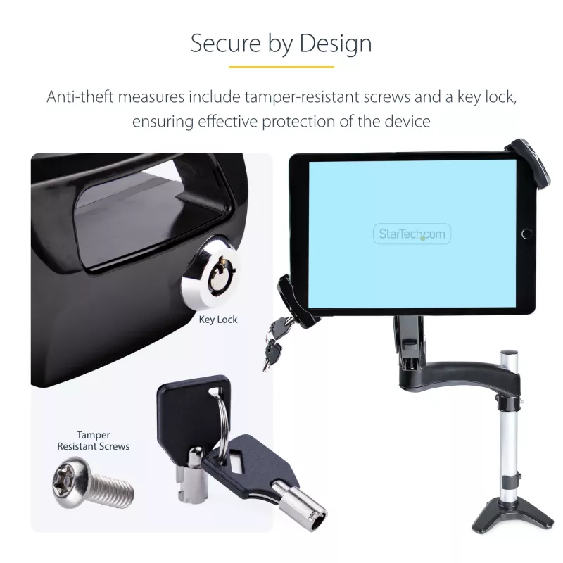 StarTech.com VESA-Montageadapter für Tablets 7,9 bis 12,5 Zoll – bis zu 2 kg – 75x75/100x100 VESA-Muster – universelle diebstahlsichere Tablet-VESA-Klemmhalterung – sichere Tablet-Halterung – Schwarz