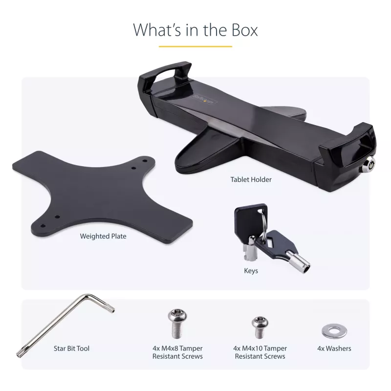 StarTech.com VESA-Montageadapter für Tablets 7,9 bis 12,5 Zoll – bis zu 2 kg – 75x75/100x100 VESA-Muster – universelle diebstahlsichere Tablet-VESA-Klemmhalterung – sichere Tablet-Halterung – Schwarz