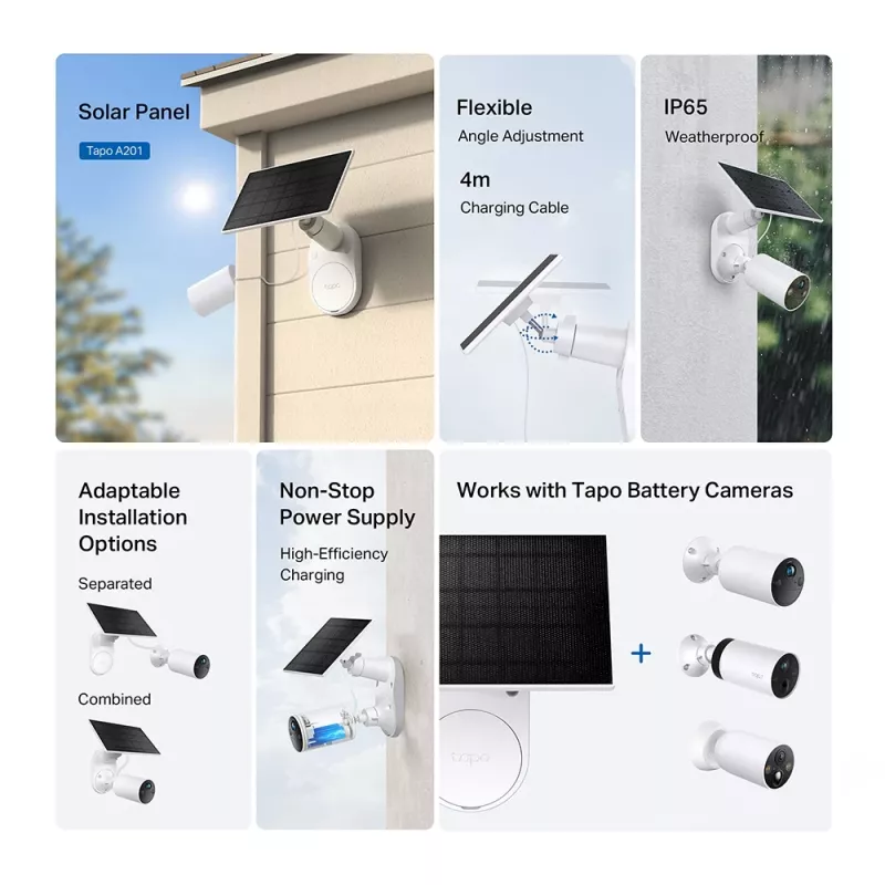 TP-Link Tapo Solarpanel SPEZIFIKATION: 5,2 V 2,5 W FUNKTION: Typ-C-Ladeanschluss, ununterbrochene Stromversorgung, flexible Solarinstallation, funktioniert mit Akkukamera, 4 m Ladekabel (gesamt), wetterfest (IP65)
