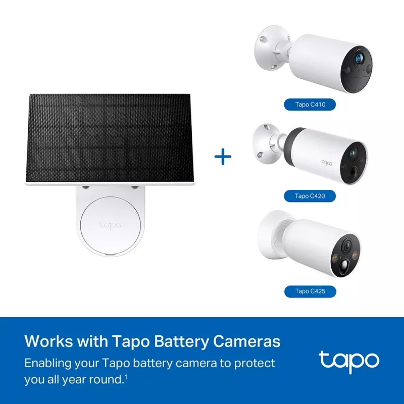 TP-Link Tapo Solarpanel SPEZIFIKATION: 5,2 V 2,5 W FUNKTION: Typ-C-Ladeanschluss, ununterbrochene Stromversorgung, flexible Solarinstallation, funktioniert mit Akkukamera, 4 m Ladekabel (gesamt), wetterfest (IP65)