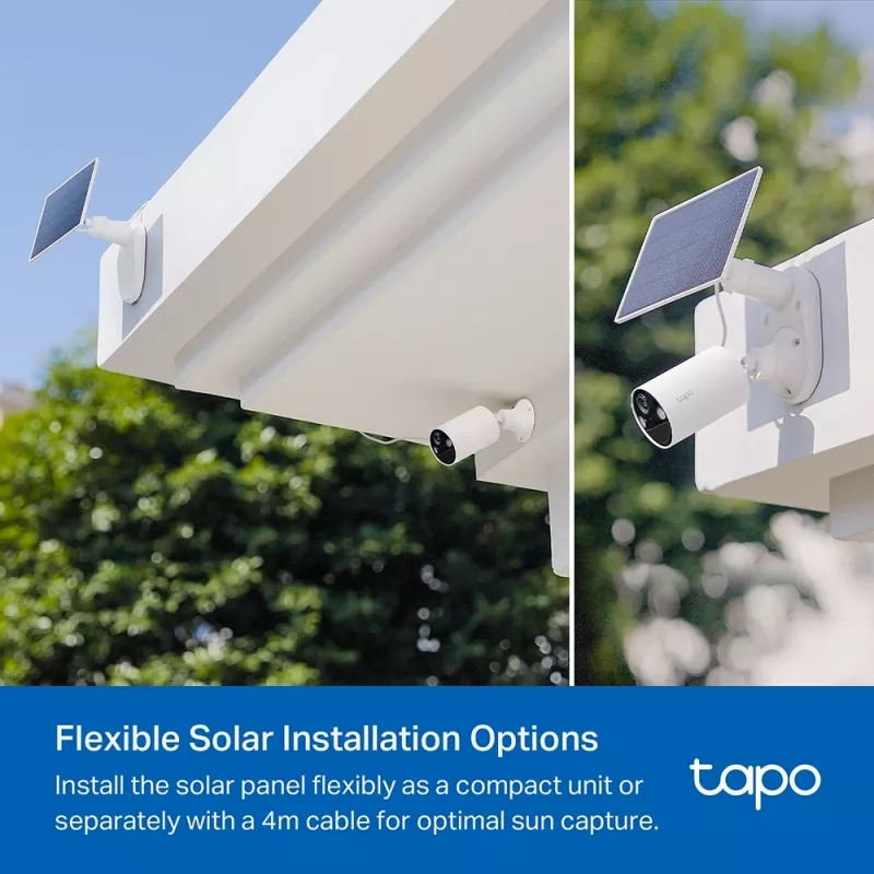 TP-Link Tapo Solarpanel SPEZIFIKATION: 5,2 V 2,5 W FUNKTION: Typ-C-Ladeanschluss, ununterbrochene Stromversorgung, flexible Solarinstallation, funktioniert mit Akkukamera, 4 m Ladekabel (gesamt), wetterfest (IP65)