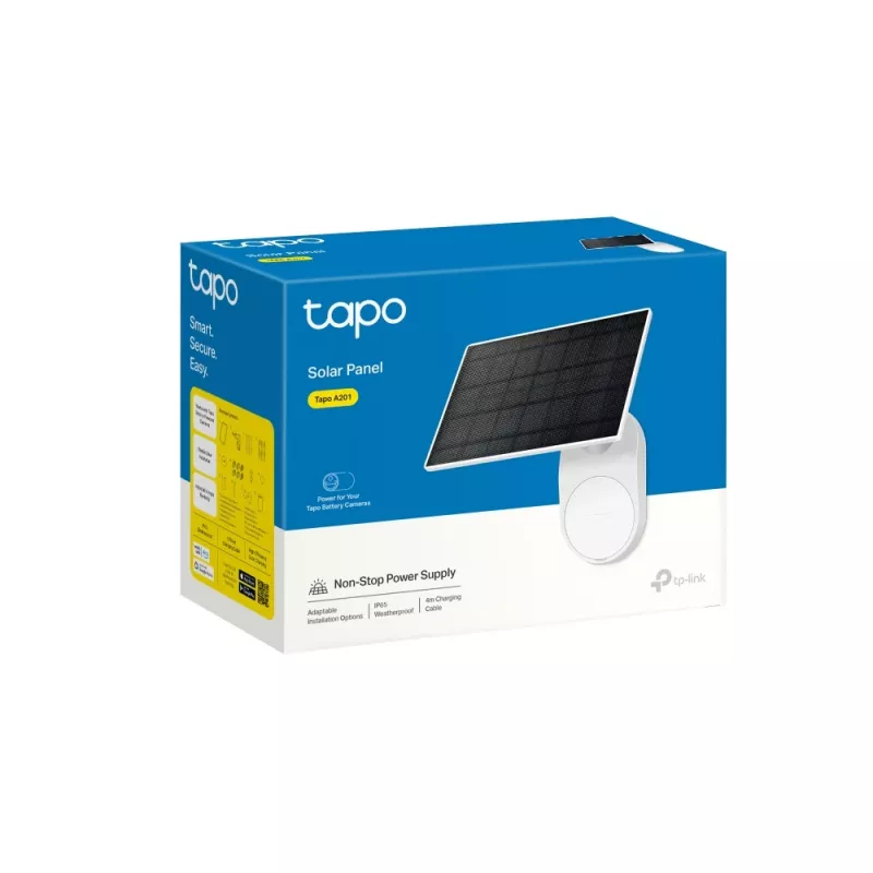TP-Link Tapo Solarpanel SPEZIFIKATION: 5,2 V 2,5 W FUNKTION: Typ-C-Ladeanschluss, ununterbrochene Stromversorgung, flexible Solarinstallation, funktioniert mit Akkukamera, 4 m Ladekabel (gesamt), wetterfest (IP65)