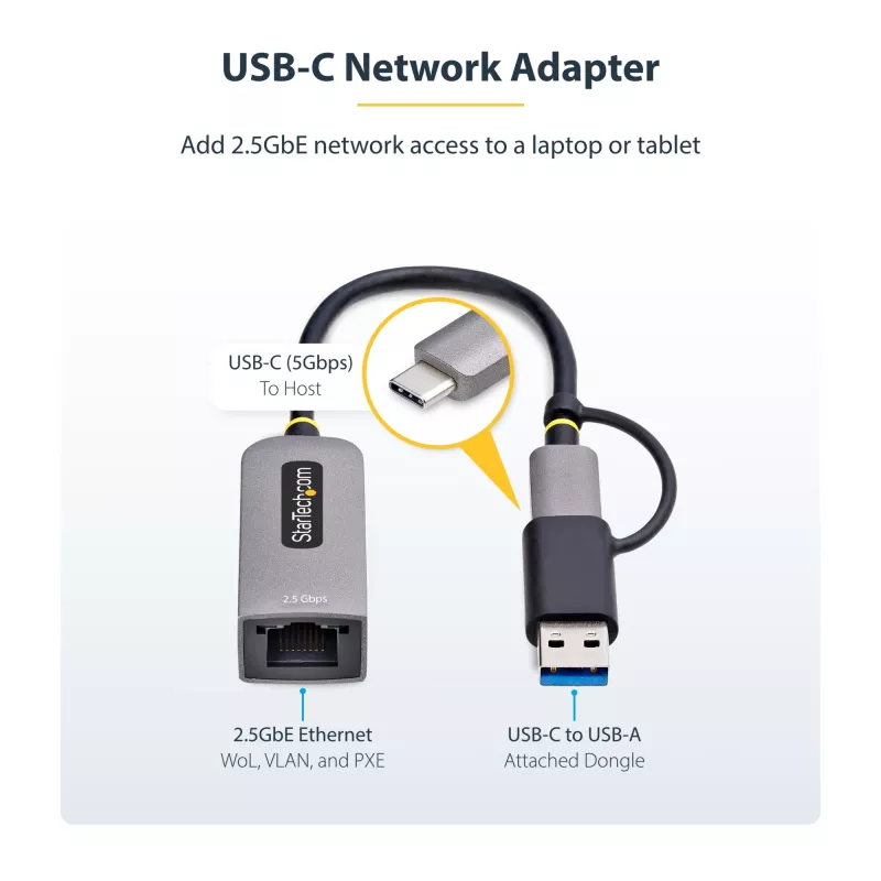 StarTech.com 2.5GbE USB-C auf Ethernet Adapter mit USB-A Konverter, NBASE-T NIC, USB 3.0 Typ-C 2.5/1G Multi Speed Netzwerk, Thunderbolt kompatibel, Windows & Mac