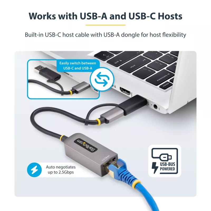 StarTech.com 2.5GbE USB-C auf Ethernet Adapter mit USB-A Konverter, NBASE-T NIC, USB 3.0 Typ-C 2.5/1G Multi Speed Netzwerk, Thunderbolt kompatibel, Windows & Mac