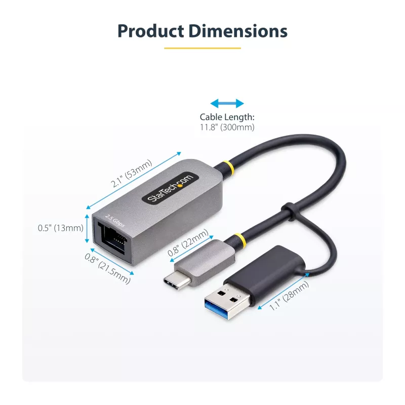 StarTech.com 2.5GbE USB-C auf Ethernet Adapter mit USB-A Konverter, NBASE-T NIC, USB 3.0 Typ-C 2.5/1G Multi Speed Netzwerk, Thunderbolt kompatibel, Windows & Mac