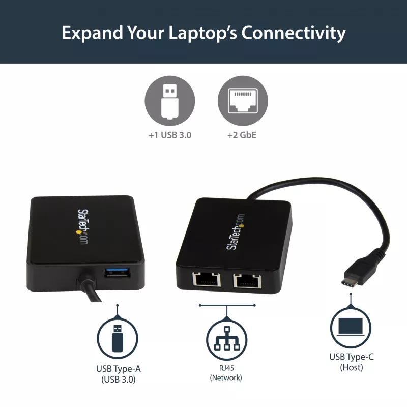 StarTech.com USB-C auf Dual Gigabit Ethernet Adapter mit USB (Typ-A) Anschluss