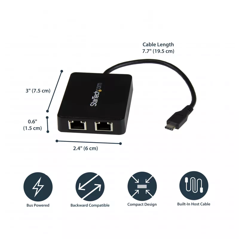 StarTech.com USB-C auf Dual Gigabit Ethernet Adapter mit USB (Typ-A) Anschluss
