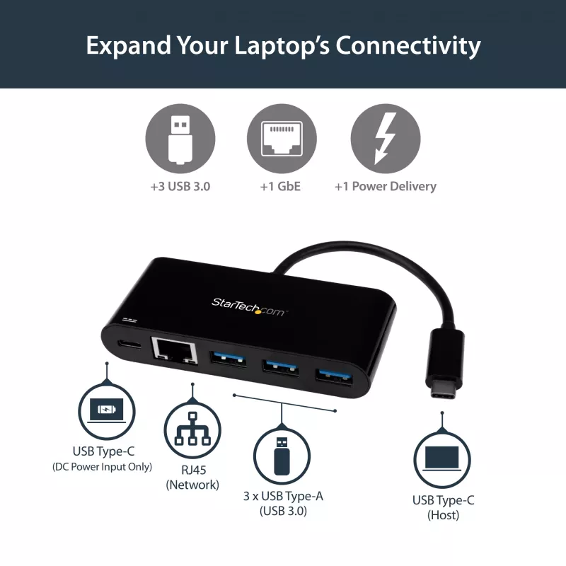 StarTech.com USB-C auf Ethernet Adapter mit 3-Port USB 3.0 Hub und Power Delivery