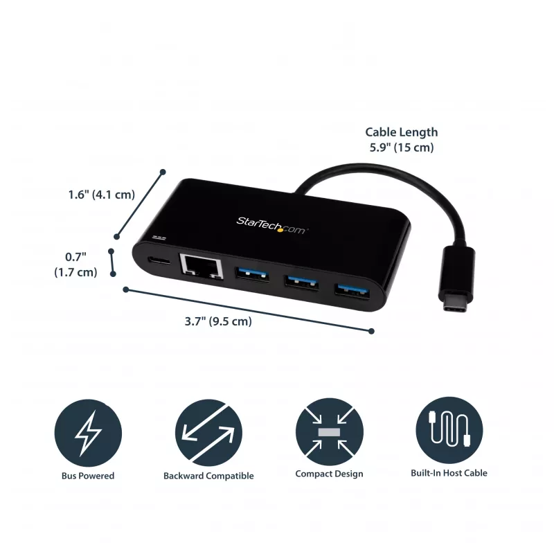 StarTech.com USB-C auf Ethernet Adapter mit 3-Port USB 3.0 Hub und Power Delivery