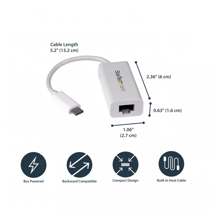 StarTech.com USB-C auf Gigabit Netzwerkadapter - Weiß, Kabelgebunden, USB Typ-C, Ethernet, 5000 Mbit/s, Weiß