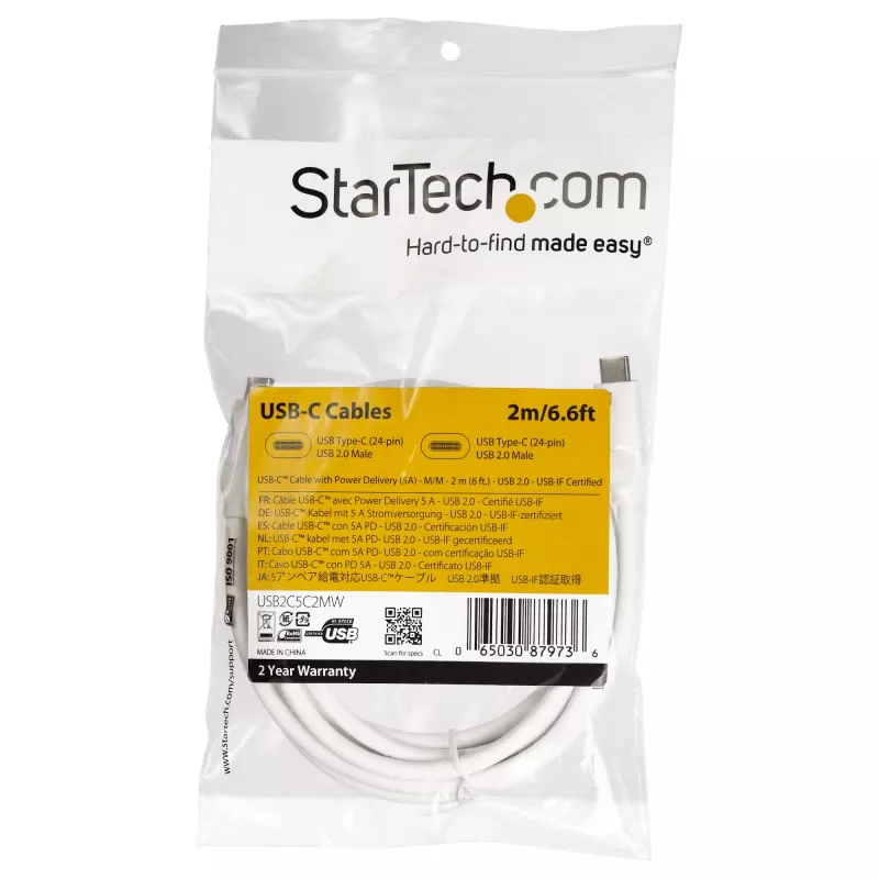 StarTech.com USB-C-auf-USB-C-Kabel mit 5 A PD – M/M – Weiß – 2 m – USB 2.0 – USB-IF-zertifiziert