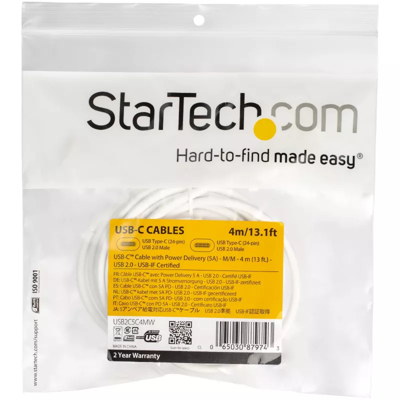 StarTech.com USB-C-auf-USB-C-Kabel mit 5A PD - M/M - Weiß - 4 m - USB 2.0 - USB-IF-zertifiziert