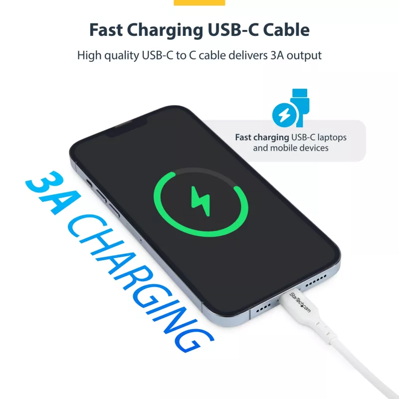 StarTech.com 1m (3.3ft) Weißes USB-C-Ladekabel, USB-C-Kabel, USB 2.0 Typ-C Laptop-Ladekabel, 60W 3A Power Delivery, TPE-Mantel, USB-C-Datenübertragungskabel, M/M