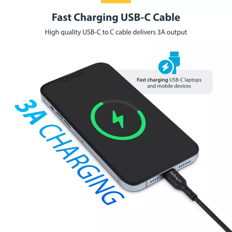 StarTech.com 3m (9.8ft) USB-C Ladekabel, USB C Kabel, USB 2.0 Type-C Laptop-Ladekabel, 60W 3A Power Delivery, TPE-Mantel, USB-C Datenübertragungskabel, M/M
