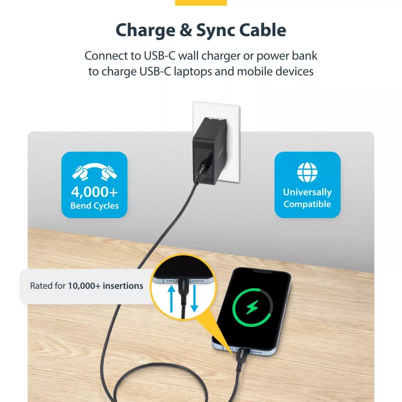 StarTech.com 3m (9.8ft) USB-C Ladekabel, USB C Kabel, USB 2.0 Type-C Laptop-Ladekabel, 60W 3A Power Delivery, TPE-Mantel, USB-C Datenübertragungskabel, M/M