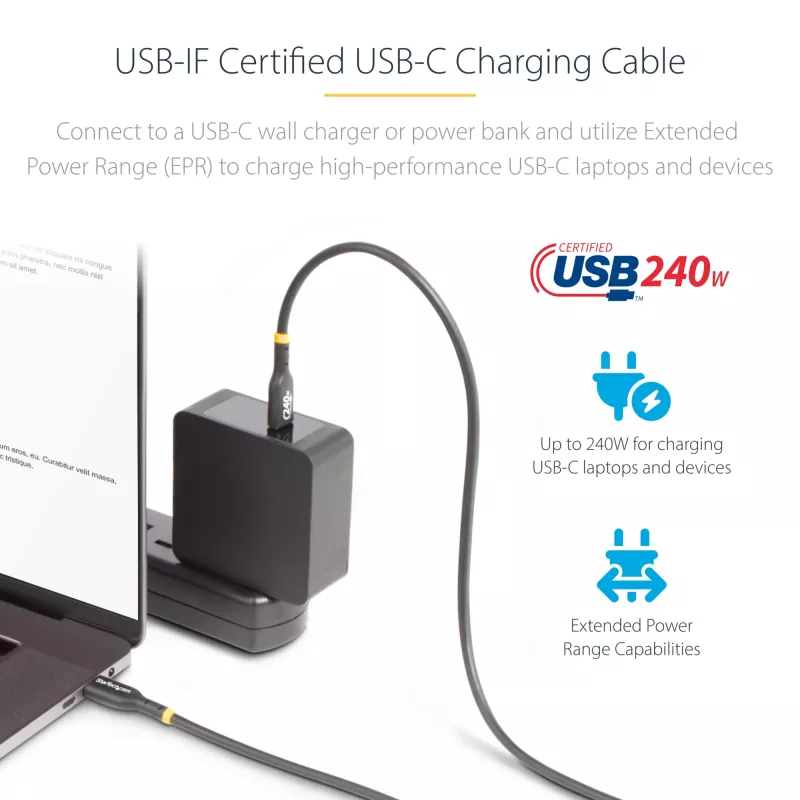 StarTech.com USB-C-Ladekabel 2 m, USB-IF-zertifiziertes USB-C-Kabel, 240 W PD EPR, USB 2.0 Typ-C-Laptop-Ladegerätkabel, USB-C-Datenübertragungskabel, TPE-Mantel, M/M