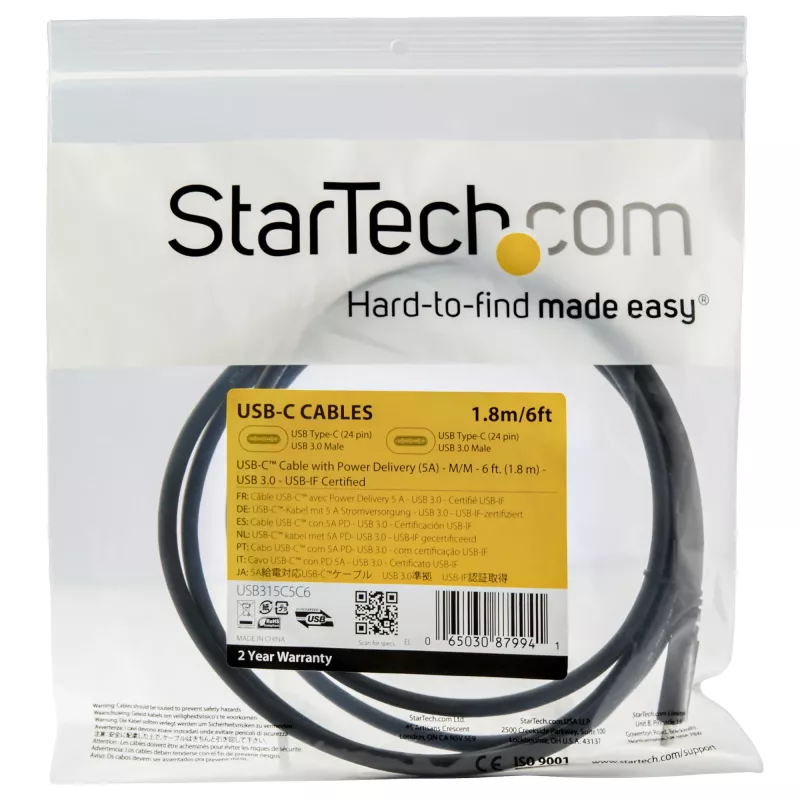 StarTech.com 1,8 m USB-C-auf-USB-C-Kabel – 5 A, 100 W PD 3.0 – Zertifiziert für Chromebook – USB-IF-zertifiziert – M/M – USB 3.0 5 Gbit/s – USB-C-Ladekabel – USB-Typ-C-Kabel