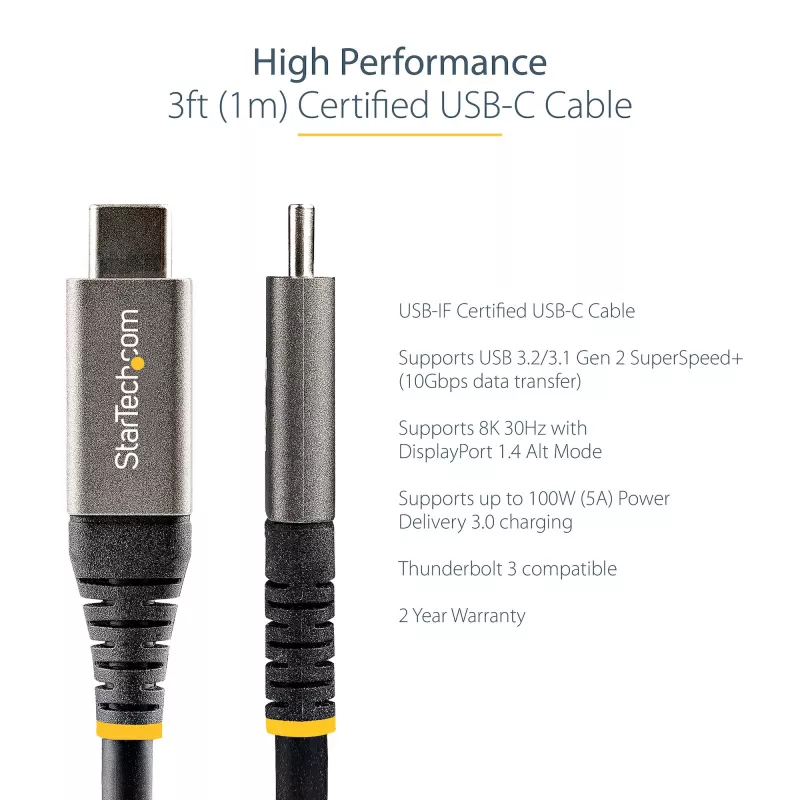 StarTech.com 3ft (1m) USB-C-Kabel 10 Gbit/s – USB-IF-zertifiziertes USB-C-Kabel – USB 3.1 Type-C-Kabel – 100W (5A) Power Delivery Laden, DP Alt Mode – USB-C-auf-C-Kabel – Laden & Synchronisieren