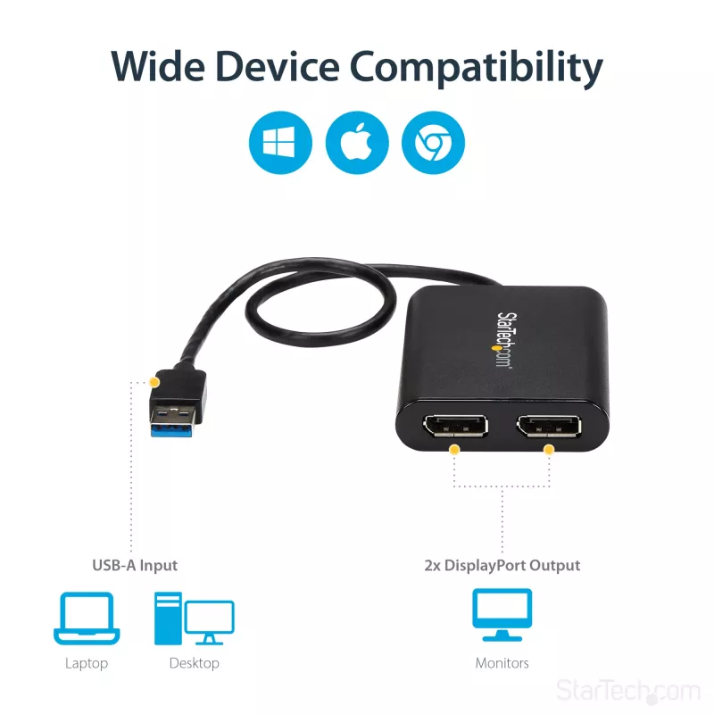 StarTech.com USB 3.0 auf Dual DisplayPort Adapter – 4K 60Hz, 3.2 Gen 1 (3.1 Gen 1), USB Typ-A, DisplayPort-Ausgang, 4096 x 2160 Pixel