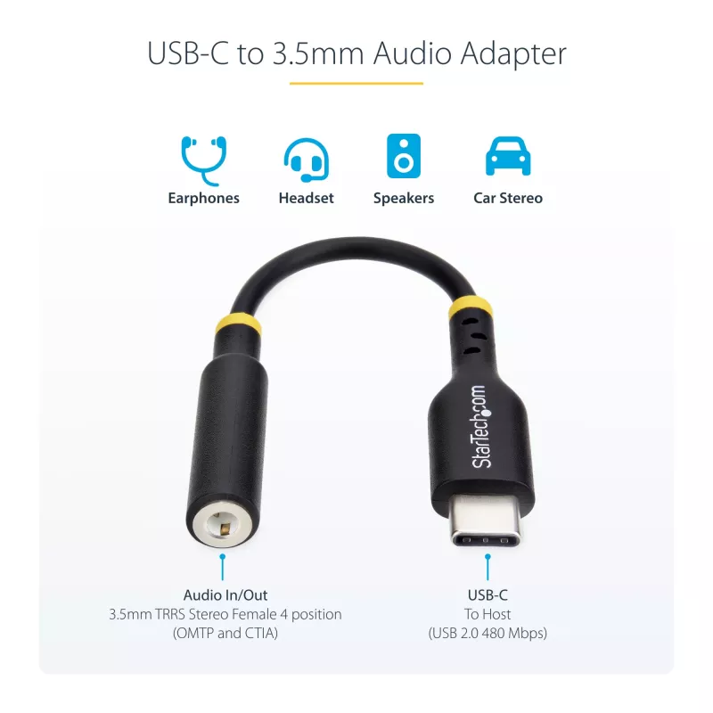StarTech.com 12,7 cm (5 Zoll) USB-C auf 3,5 mm TRRS Kopfhörer/Headset-Klinkenadapter, USB-Typ-C Aux-Dongle, 32-Bit-DAC, unterstützt USB-C/Thunderbolt, Laptop/Telefon/Tablet