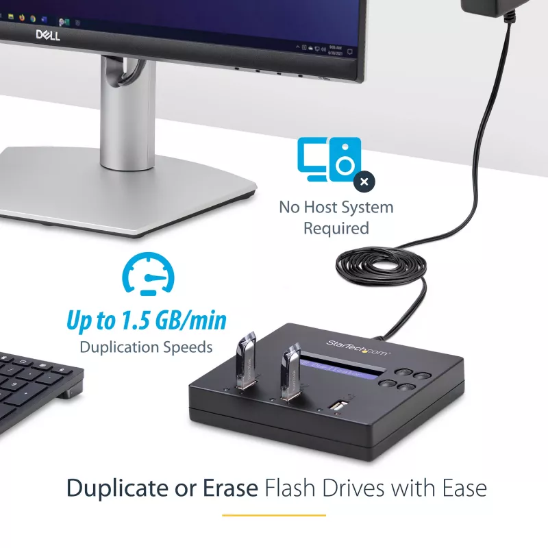 StarTech.com Standalone 1-zu-2 USB-Stick-Duplikator und -Radierer, Multi-USB-Flash-Laufwerk-Kopierer, System- und Datei- sowie Gesamtlaufwerkskopie mit 1,5 GB/min, Einfach- und 3-Pass-Löschung, LCD-Anzeige – TAA