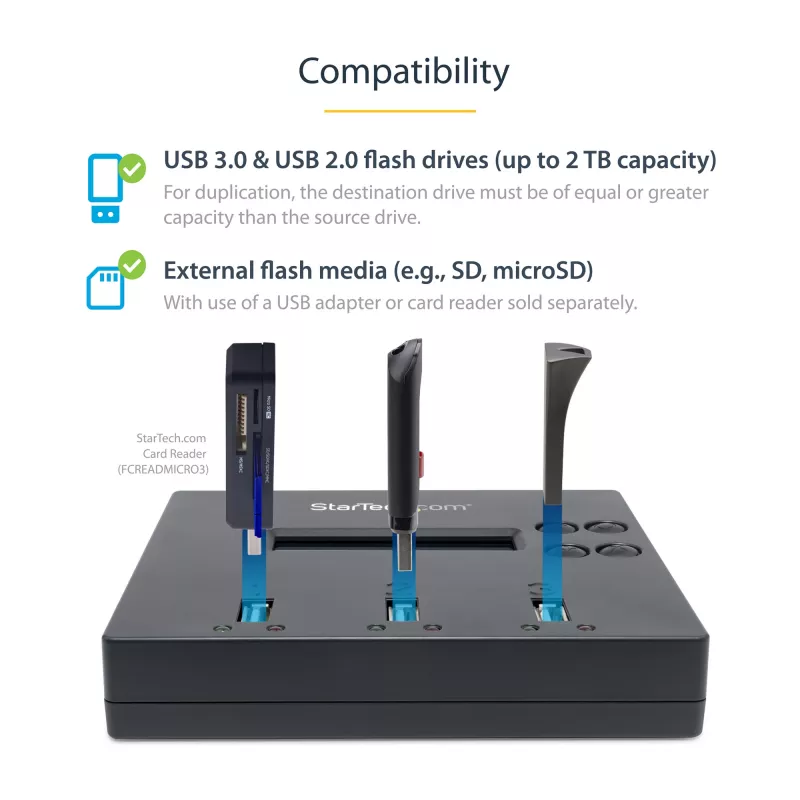 StarTech.com Standalone 1-zu-2 USB-Stick-Duplikator und -Radierer, Multi-USB-Flash-Laufwerk-Kopierer, System- und Datei- sowie Gesamtlaufwerkskopie mit 1,5 GB/min, Einfach- und 3-Pass-Löschung, LCD-Anzeige – TAA