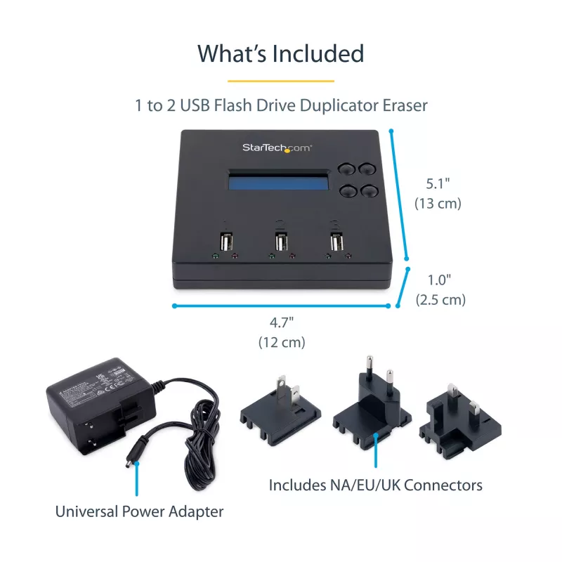 StarTech.com Standalone 1-zu-2 USB-Stick-Duplikator und -Radierer, Multi-USB-Flash-Laufwerk-Kopierer, System- und Datei- sowie Gesamtlaufwerkskopie mit 1,5 GB/min, Einfach- und 3-Pass-Löschung, LCD-Anzeige – TAA