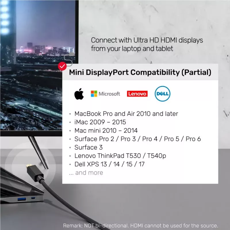 Videokabel-Adapter Unitek Mini DisplayPort auf HDMI 2 m, HDMI 1.4, 4K@30Hz, HDCP 2.0, vergoldete Kontakte, schwarz