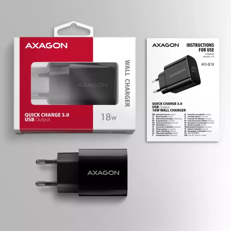 Axagon ACU-QC18 QC 3.0 1× AUSGANG Wandladegerät 18W, Innen, AC, Schwarz