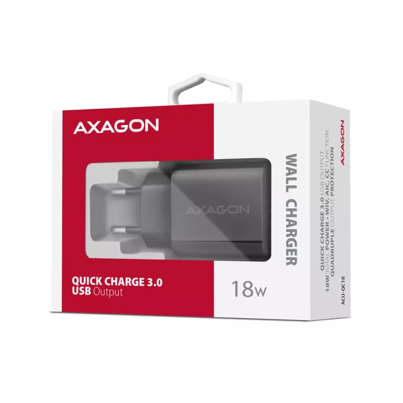 Axagon ACU-QC18 QC 3.0 1× AUSGANG Wandladegerät 18W, Innen, AC, Schwarz