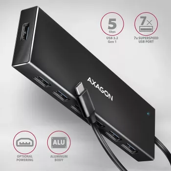 Axagon HUE-F7C 7x USB 3.2 Gen 1 ALU flach Hub Mikro-Stromeingang 30cm USB-C USB 3.2 Gen 1 (3.1 Gen 1) Typ-A 5000 Mbit/s Schwarz