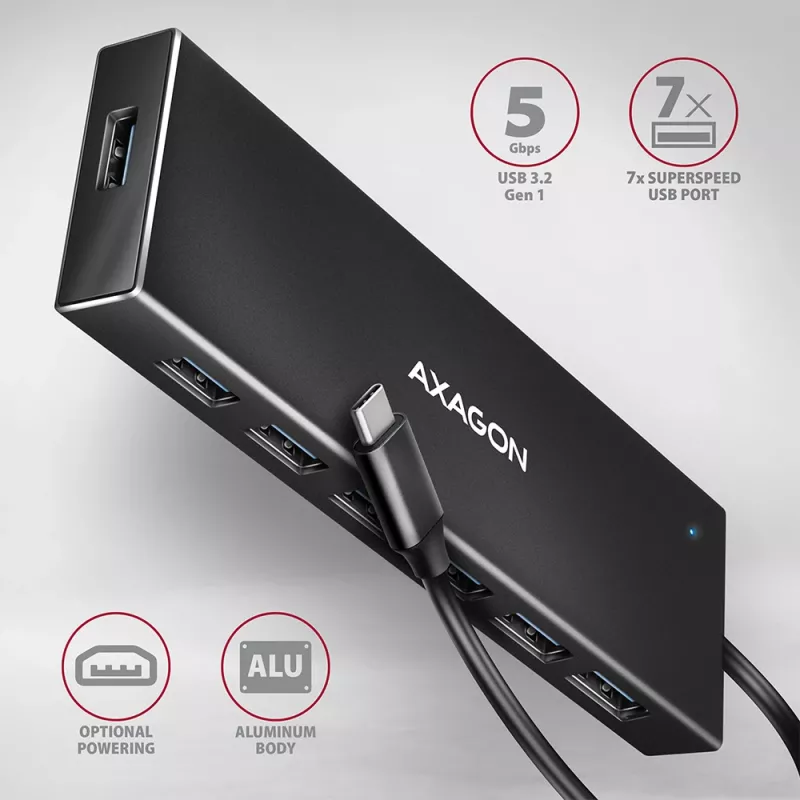 Axagon HUE-F7C 7x USB 3.2 Gen 1 ALU flach Hub Mikro-Stromeingang 30cm USB-C USB 3.2 Gen 1 (3.1 Gen 1) Typ-A 5000 Mbit/s Schwarz