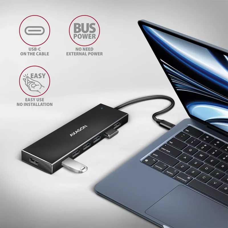Axagon HUE-F7C 7x USB 3.2 Gen 1 ALU flach Hub Mikro-Stromeingang 30cm USB-C USB 3.2 Gen 1 (3.1 Gen 1) Typ-A 5000 Mbit/s Schwarz