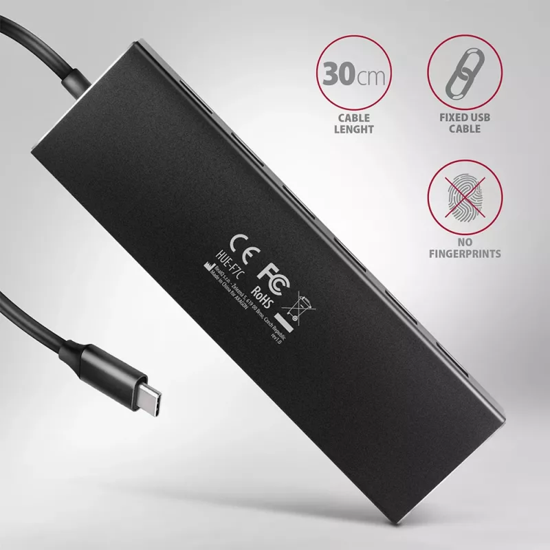Axagon HUE-F7C 7x USB 3.2 Gen 1 ALU flach Hub Mikro-Stromeingang 30cm USB-C USB 3.2 Gen 1 (3.1 Gen 1) Typ-A 5000 Mbit/s Schwarz