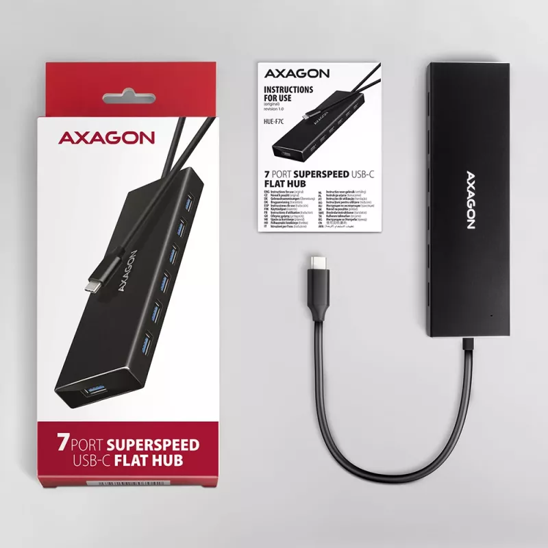 Axagon HUE-F7C 7x USB 3.2 Gen 1 ALU flach Hub Mikro-Stromeingang 30cm USB-C USB 3.2 Gen 1 (3.1 Gen 1) Typ-A 5000 Mbit/s Schwarz