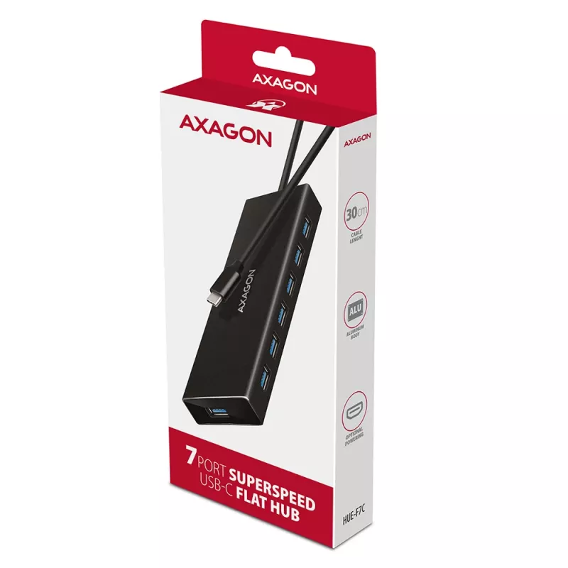 Axagon HUE-F7C 7x USB 3.2 Gen 1 ALU flach Hub Mikro-Stromeingang 30cm USB-C USB 3.2 Gen 1 (3.1 Gen 1) Typ-A 5000 Mbit/s Schwarz
