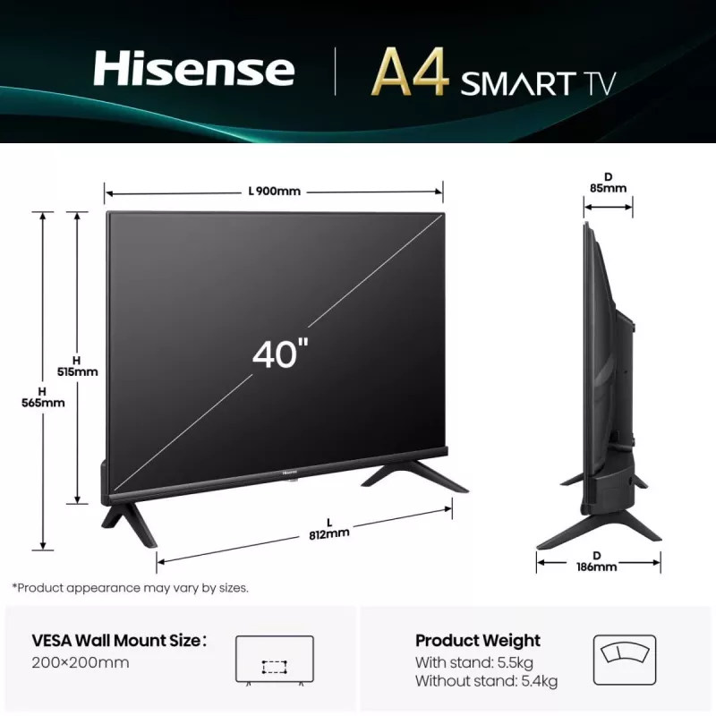 Hisense 40A4Q 101,6 cm (40 Zoll) Full HD Smart TV Wi-Fi Schwarz 200 cd/m²