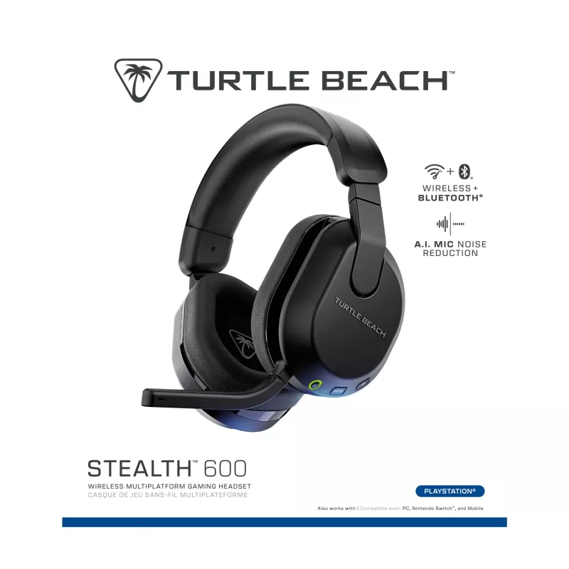 Turtle Beach Stealth 600 Schwarz PlayStation Wireless Gaming-Headset mit bis zu 80 Stunden Akkulaufzeit, 50-mm-Lautsprechern und Bluetooth für PS5, PS4, PC und Mobilgeräte