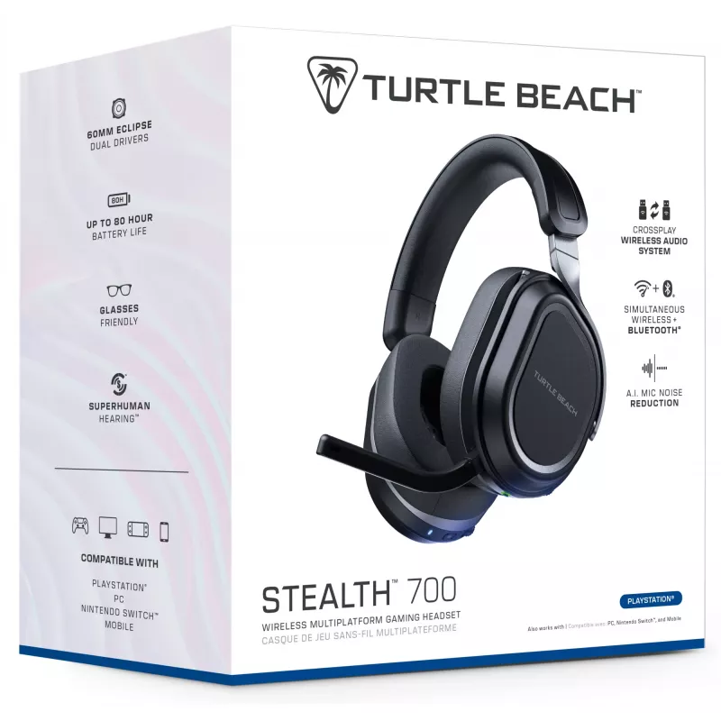 Turtle Beach Stealth 700 Schwarz PlayStation Wireless Gaming Headset mit bis zu 80 Stunden Akkulaufzeit, Bluetooth, Dual-Transmittern und 60-mm-Treibern für PS5, PS4, PC und Mobilgeräte